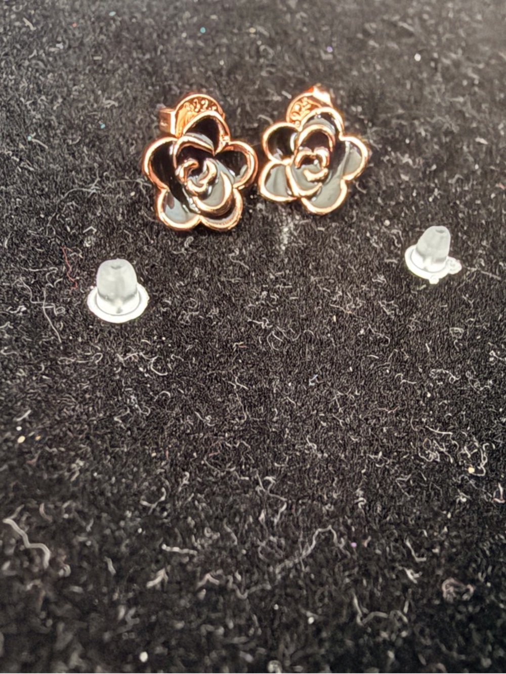 Rose Gold Flower Stud Earrings with black Enamel